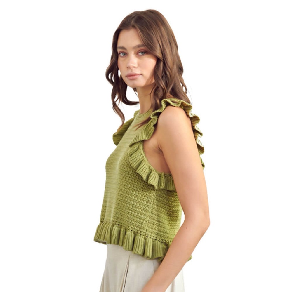 Mustard Seed, Ruffle Crochet Top, Green, Size: Small